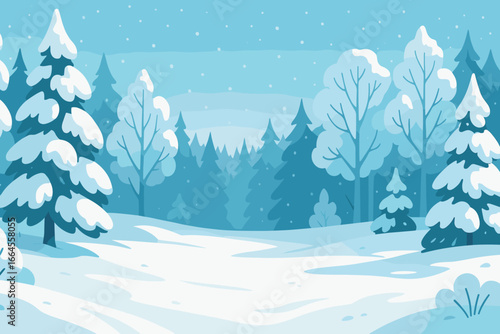 Winter forest landscape with snow covered trees. Panoramic woodland scenery background. Snowfall in a park. Flat cartoon vector illustration for nature, christmas concepts.