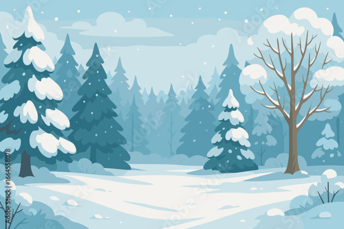 Panoramic winter landscape with snow covered fir trees in a forest clearing. Snowfall scene. Vector cartoon illustration background for Christmas or seasonal greeting cards.
