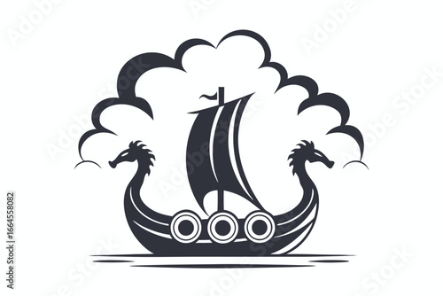 Drakkar Viking Ship Vector, Nordic Boat with Dragon Heads on White Background