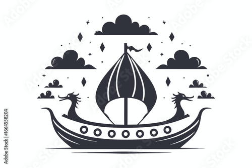 Dark Silhouette of Viking Ship with Dragon Heads, Stars and Clouds