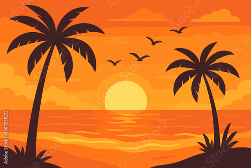 Tropical beach sunset paradise, vibrant orange horizon and sea waves, flat vector illustration with palm trees, seagulls in sky, tranquil summer vacation, cartoon coastline oasis landscape art