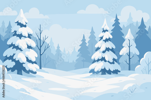 Panoramic winter landscape of a clearing in the forest. Snow-covered pine trees and hills. Modern flat vector cartoon illustration for seasonal, holiday, or Christmas design.