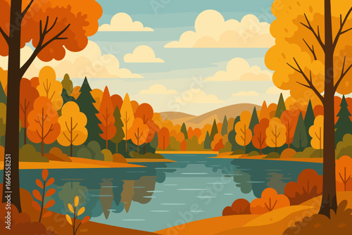 Autumn landscape with lake and forest. Fall season background. Vector illustration in flat cartoon style. Nature scene with orange trees, water reflection, hills and clouds.