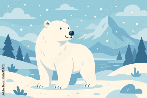 Cute cartoon polar bear in a snowy winter arctic landscape. North pole scene with mountains and snow. Modern flat vector illustration for kids. Wild animal in nature.