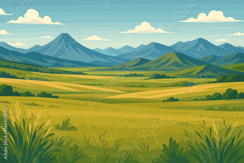 Vast prairie landscape with rolling hills and fields vector illustration. Scenic mountain range with volcano peak background. Summer nature view of steppe, meadow and grasslands.