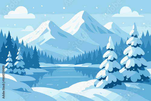 Winter mountain landscape vector illustration. Snowy day with pine forest, frozen lake, and snow-covered trees. Beautiful nature scenery for Christmas or holiday background.