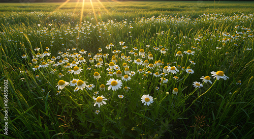 Sunrise Meadow Daisies: Blooming Wildflowers in Green Field