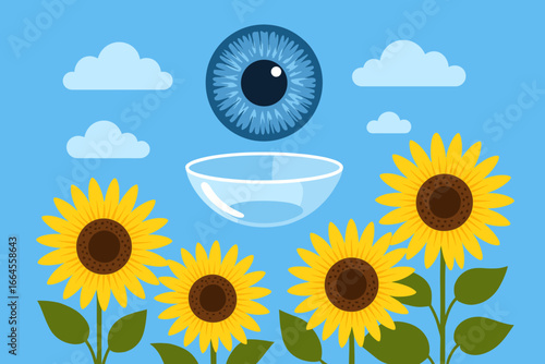 Concept of vision correction with a contact lens. Blue eye in the sky over a sunflower field. Ophthalmology, optometry, and eye care theme. Modern flat vector cartoon illustration.
