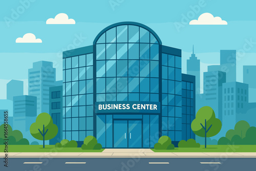 Modern business center with glass facade. Office building exterior in a city downtown. Urban landscape with skyscrapers. Corporate headquarters architecture vector illustration.