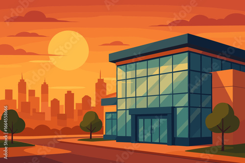 Modern business center or shopping mall with glass facade. Cityscape background with skyscrapers at sunset. Urban architecture and street view vector illustration in flat design.