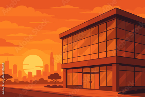 Business center with glass windows and a city skyline background at sunset. Modern flat vector cartoon illustration of an urban landscape with office buildings and skyscrapers.