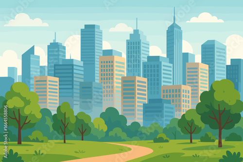 Modern city business district with high skyscrapers and public park. Urban landscape with green nature. Concept of sustainable development and eco-friendly city. Flat vector.