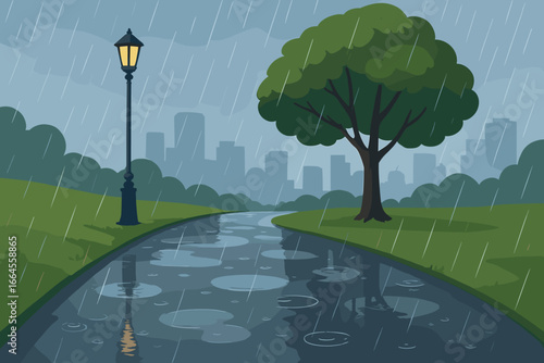 City park in rainy weather. Wet pedestrian road with puddles reflecting glowing street lamp. Gloomy day. Urban nature landscape with tree, green grass and city silhouette.