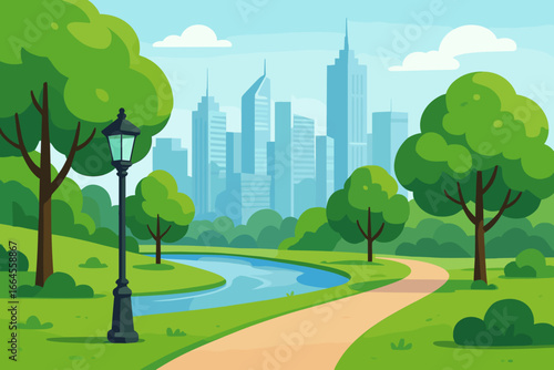 City park with green trees, a path, and a river. Urban oasis landscape with a lantern against a modern business center backdrop. Modern flat vector cartoon illustration.