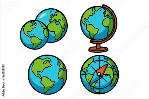 Set of cartoon globe and earth icons for global geography and world exploration. Vector illustration of planet, world map, and compass for travel, education and environment.