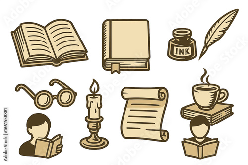 Vintage literary icon set with book, quill pen, ink pot, scroll, candle, and glasses. Retro writer and reader accessories for education, library, or history concepts. Vector pack.