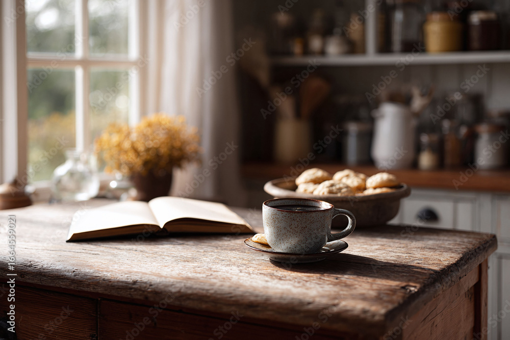Fototapeta premium Cozy kitchen scene with coffee, cookies, and a book bathed in natural light. Evokes relaxation, home comfort, and simple pleasures. Ideal for lifestyle, food, or reading themes.