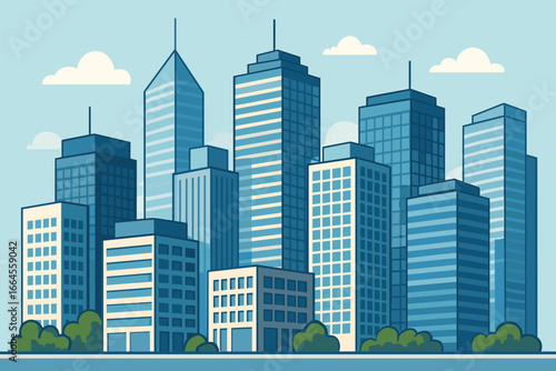 Cityscape with tall skyscrapers, office buildings in a business district. Vector illustration of a modern urban downtown landscape. Flat cartoon style for real estate concepts.