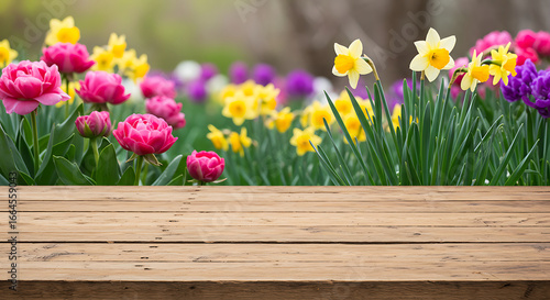 Spring Flowers and Wooden Tabletop
