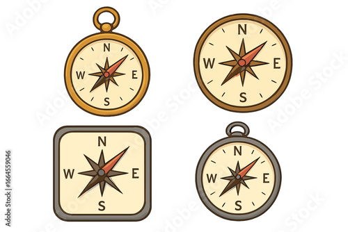Set of vintage compass icons for navigation and exploration. Vector cartoon illustration collection showing direction, north, south, east, west. Adventure and travel concept design.