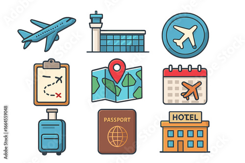 Travel and vacation icon set. Flight booking and tourism symbols. Vector illustration collection with airplane, airport, passport, hotel, map, luggage, calendar and itinerary icons.