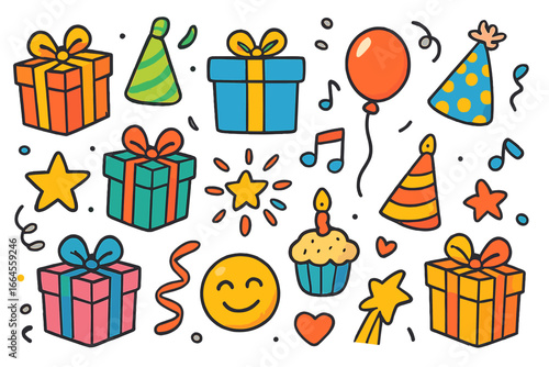 Colorful celebration vector elements set. Birthday party doodle collection. Gift box, party hat, balloon, cupcake, emoji icons. Cute cartoon design for festive occasions.