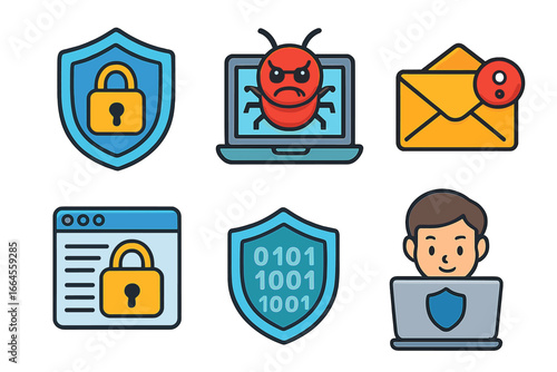 Cybersecurity icon set. Colorful cartoon vector illustrations. Concepts of digital safety, data protection, antivirus, malware, computer virus bug, secure browsing, phishing email.