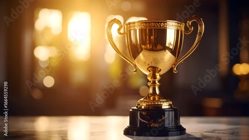 Golden trophy on table success achievement
