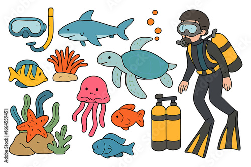 Scuba diver and marine life cartoon set. Vector illustration of sea animals like shark, turtle, fish, jellyfish. Underwater adventure elements. Diving equipment for ocean exploration.