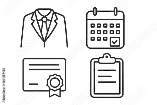 Business and office linear icon set. Essential work symbols. Professional suit, schedule calendar, award certificate, and document clipboard. Vector outline illustration.