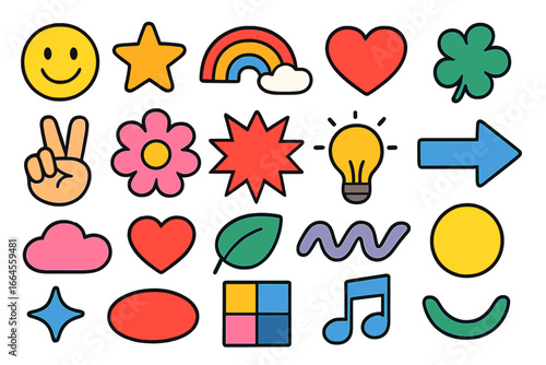 Retro groovy sticker pack. Cute cartoon pop art icon set. Funky 70s and 90s Y2K style elements. Vector graphic collection with smiley, heart, rainbow, flower for design.