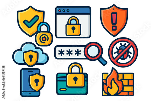 Cyber security icon set. Vector illustration of digital protection, data safety, and online threat prevention concepts. Includes firewall, antivirus, password, and cloud security.