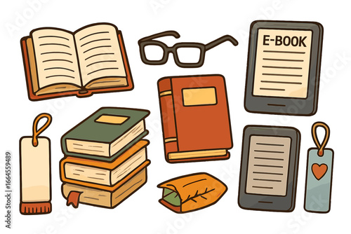 Reading hobby vector cartoon set. Collection of books, ebook reader, glasses, bookmarks. Literature, library, education elements. Cute doodle clipart for study, learning design.