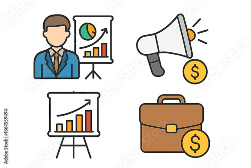 Business management icons set. Marketing and finance symbols. Vector outline illustration of a presenter, growth chart, promotion megaphone, and investment briefcase concept.