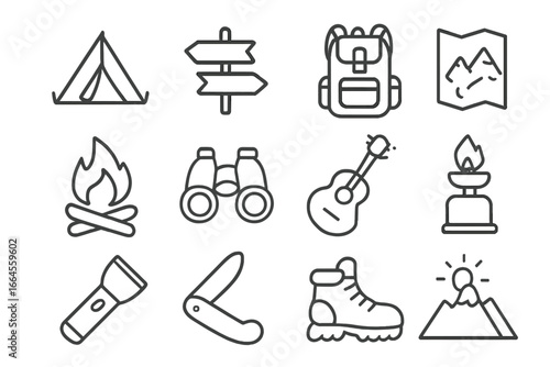 Camping and hiking outline icon set. Outdoor equipment and adventure symbols collection. Vector line art illustration for travel, tourism, nature exploration, and recreation.