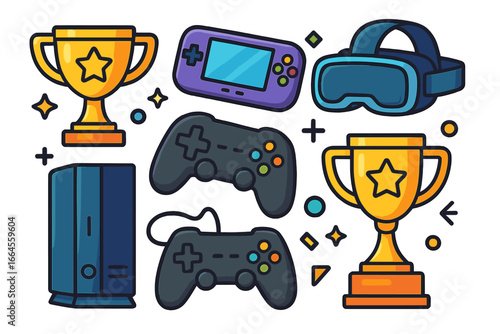 Gaming elements set. Video game icon collection with console, controller, joystick, VR headset, portable device and trophy. Esports competition winner award. Cartoon vector.