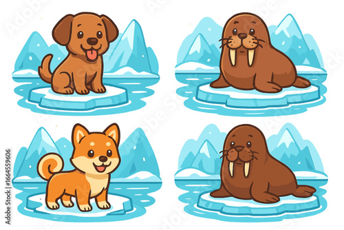 Dog and walrus cartoon character set. Cute puppy, shiba inu, and walrus on arctic ice floe. Vector animal illustration collection for children. Kawaii mascot sticker pack.