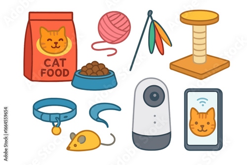 Cat care accessories set. Vector cartoon icons of pet supplies. Feline food, toys, scratching post, collar, pet cam for home monitoring. Domestic animal ownership illustration.