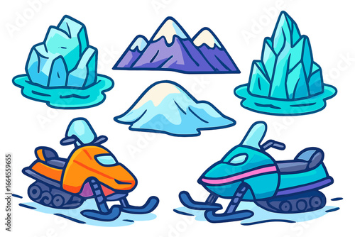 Cute snowmobile and iceberg cartoon vector icon set. Winter mountain landscape elements. Arctic expedition transport and nature clip art for kids. Flat illustration collection.