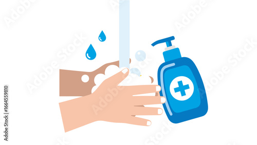 Hygiene illustration of hands being washed with soap and water and hand sanitizer