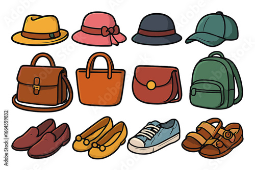 Fashion accessories set. Collection of stylish hats, bags, and footwear. Vector cartoon illustration of various personal items. Men and women clothing design elements isolated.