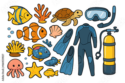 Collection of scuba diving equipment and sea life icons. Cartoon vector illustrations of fish, turtle, coral reef animals, wetsuit, mask, fins. Underwater ocean adventure.