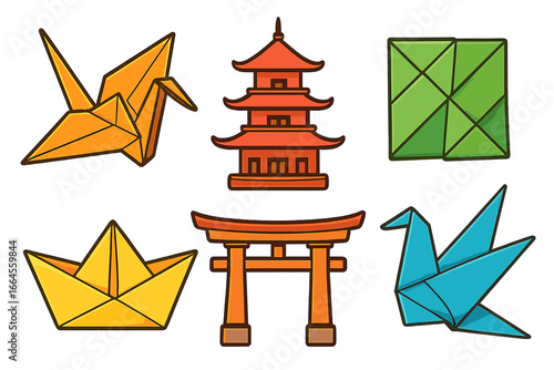 Japanese culture vector icon set. Collection of traditional Japan symbols. Origami paper crane, boat, torii gate, and pagoda. Cartoon travel illustration for design element.
