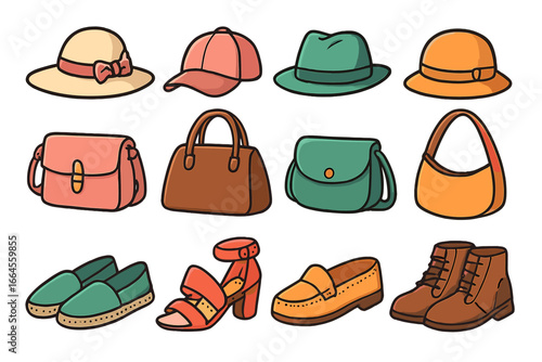 Fashion accessories vector set. Collection of cartoon style hats, bags, shoes. Men and women footwear, headwear, purses. Isolated design elements for shopping and retail.