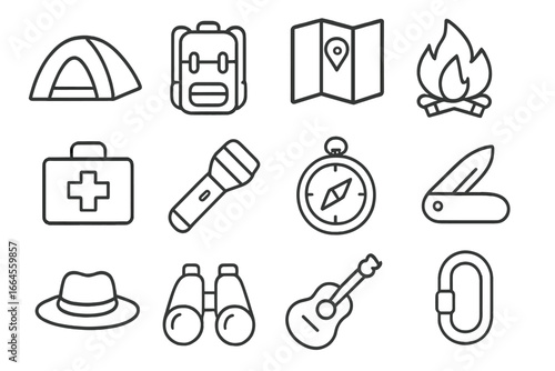 Camping gear and hiking equipment outline icon set. Outdoor adventure and survival items collection. Line art vector icons of tent, backpack, campfire, compass, map, and knife.