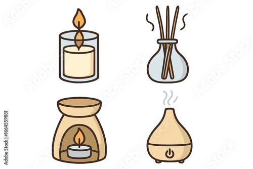 Aromatherapy and spa relaxation icon set. Scented candle, reed diffuser sticks, oil burner, and electric aroma diffuser. Vector cartoon interior accessories illustration.