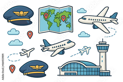 Air travel cartoon vector icon set. Collection of aviation design elements including airplane, flight map, pilot hat, airport terminal. Concept for journey, tourism, and transportation.