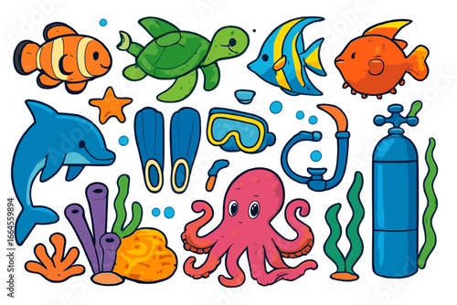 Underwater life cartoon icon set. Sea animals and scuba diving equipment collection. Vector illustration of fish, turtle, dolphin, octopus, coral, fins, mask, oxygen tank.
