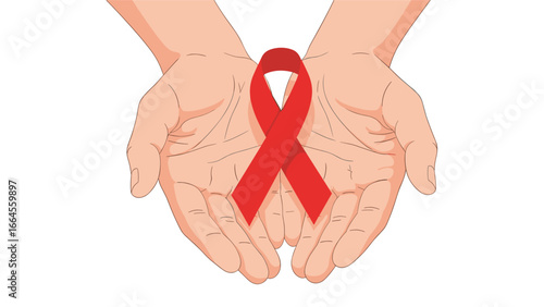 Hands Holding Red Ribbon Symbolizing HIV/AIDS Awareness and Support
