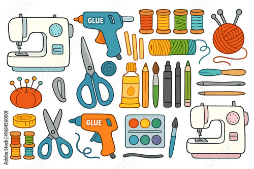 Craft supplies set for DIY projects. Sewing machine, glue gun, yarn, art tools for handmade hobbies. Vector cartoon illustration collection of creative equipment and materials.